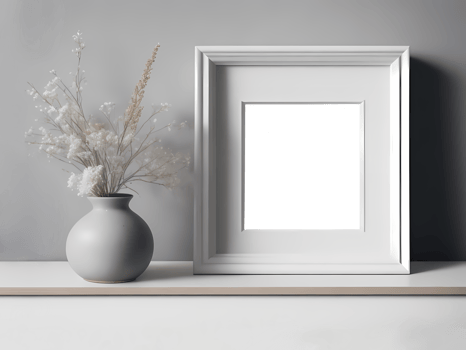 Portrait Square white picture frame mockup on vintage bench, table. Modern ceramic vase with dry Lagurus ovatus grass, Template for placing photos, paintings, drawings in the office. png