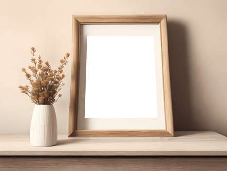 empty picture frame mockup on wooden table. Interior design of living room with brown mock up photo frame. Beige modern design of cozy interior in eco style made of natural materials. png