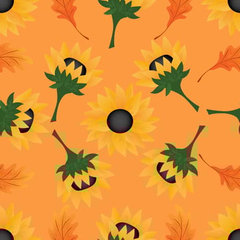 Autumn seamless pattern with oak leaves, sunflowers. vector