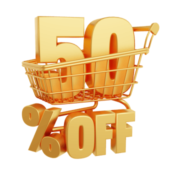50 percent off. Number 50 inside the shopping cart. Image with discount concept. 3d rendering png