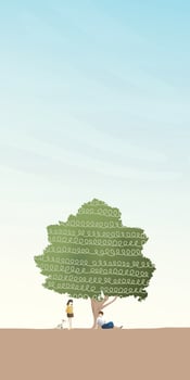 Countryside landscape with couple of lover under the big tree have blue sky vertical background flat design vector illustration. Valentine's day card template.