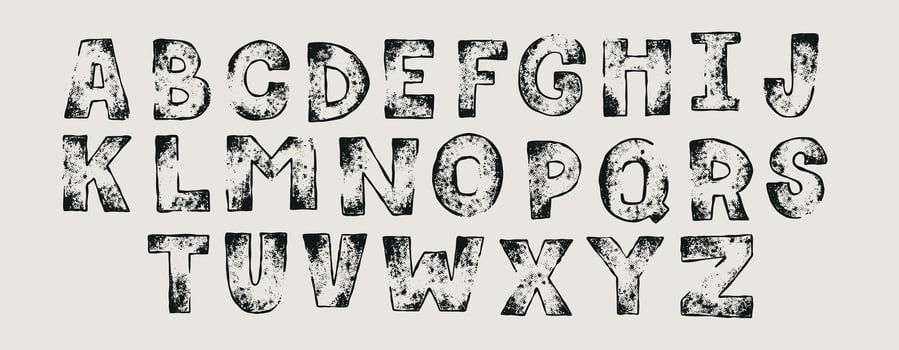 Grunge texture alphabet letters font. Vintage scrapbook Rough Ink letterpress. Typewritten stamp vector