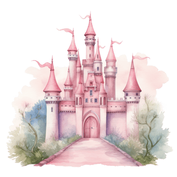 Pink watercolor princess castle isolated. Illustration png