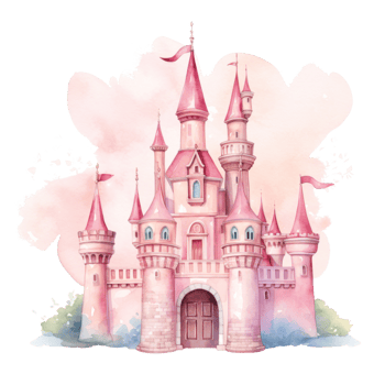 Pink watercolor princess castle isolated. Illustration png