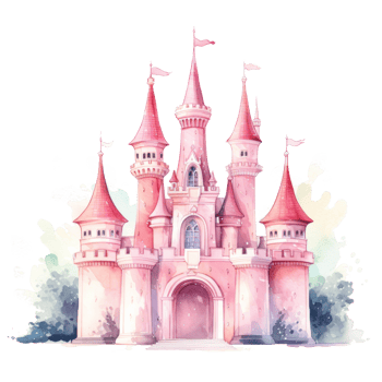 Pink watercolor princess castle isolated. Illustration png