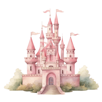 Pink watercolor princess castle isolated. Illustration png