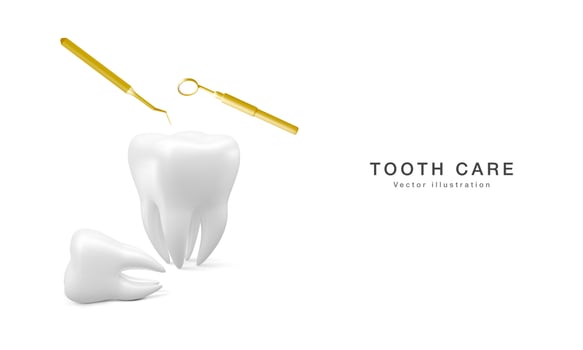 Realistic tooth, dental probe and dental mirror for teeth isolated on white background. Medical dentist tool. Dentistry, healthcare, hygiene Concept. Vector illustration