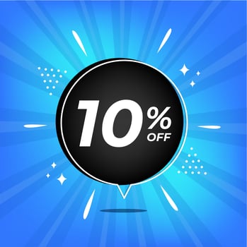 10 percent off. Blue banner with ten percent discount on a black balloon for mega big sales. vector