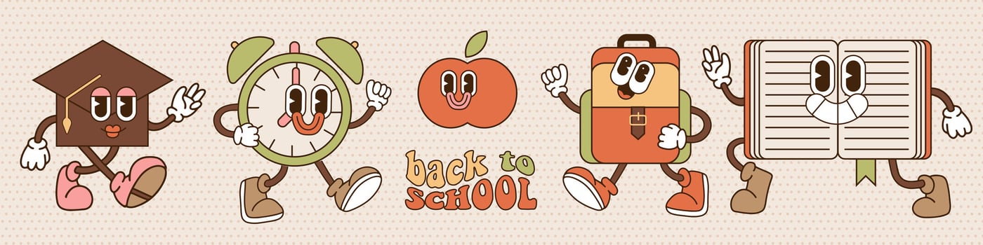 Comic retro cartoon characters set with book, graduation hat, alarm clock, backpack. Vintage mascots collection with gloved hands and booted feet. 70s-80s contour vector illustration.