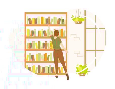 Girl choosing a book in a cozy bookstore or library. Vector illustration in flat cartoon style isolated on white background. Concept of reading and education