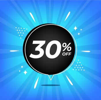 30 percent off. Blue banner with thirty percent discount on a black balloon for mega big sales. vector