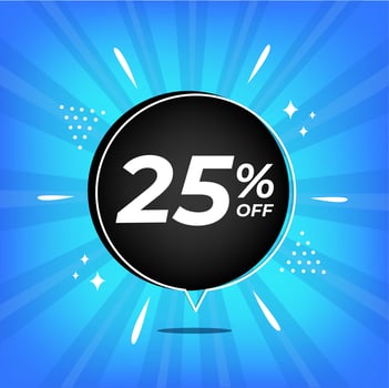 25 percent off. Blue banner with twenty-five percent discount on a black balloon for mega big sales. vector