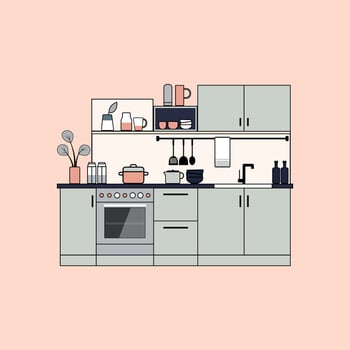 Flat illustration of modern kitchen interior with furniture, appliances and utensils, vector illustration
