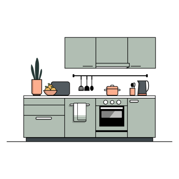 Flat illustration of modern kitchen interior with furniture, appliances and utensils png