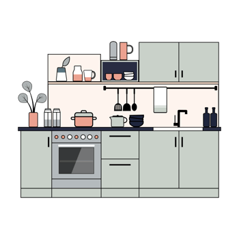 Flat illustration of modern kitchen interior with furniture, appliances and utensils png