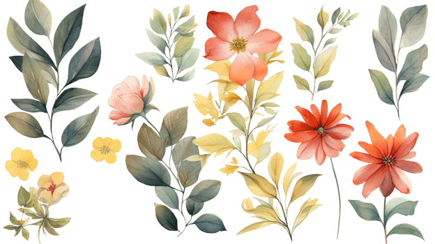 Watercolor Flowers and Leaves Decorated Background. png