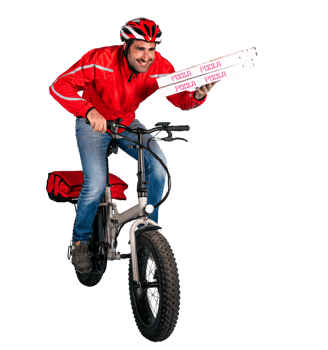 Isolated deliveryman runs fast with electric bike to deliver pizza png