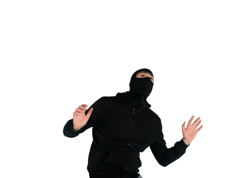 Thief with balaclava acts in silence to steal apartments with wire cutters in hand png