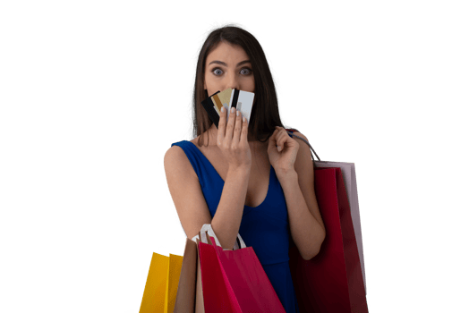 Happy  woman at the shopping center with shopping bags and credit card png