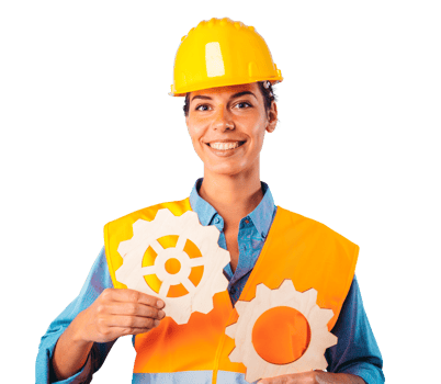 Engineer  woman joins pieces of gears as concept of partnership and integration png