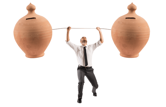 Powerful and determined  businessman trains with a barbell with piggy banks png