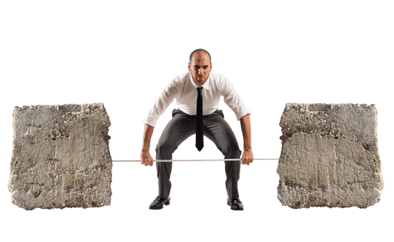 Powerful and determined  businessman trains with a barbell with stones png