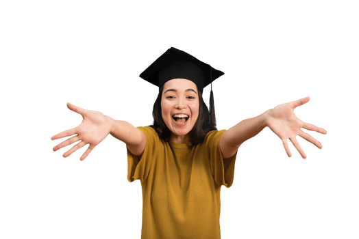 Woman is happy to have achieved graduation. Concept of success in studies png