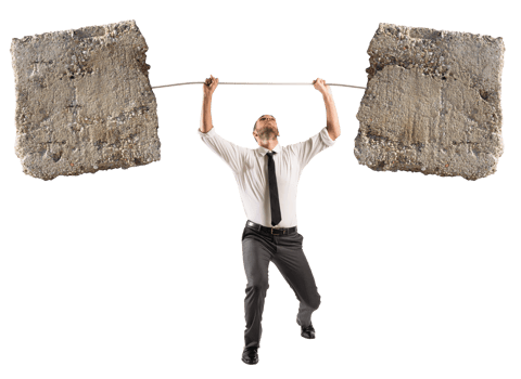 Powerful and determined  businessman trains with a barbell with stones png