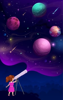 Girl kid looking through a telescope at night sky vector