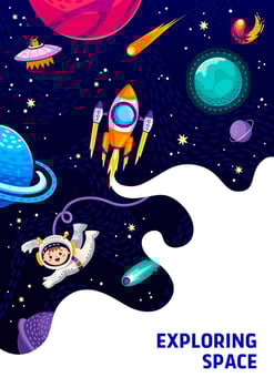 Space poster, cartoon astronaut in outer space vector