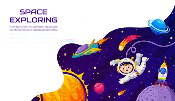 Space landing page. Cartoon planets and astronaut vector