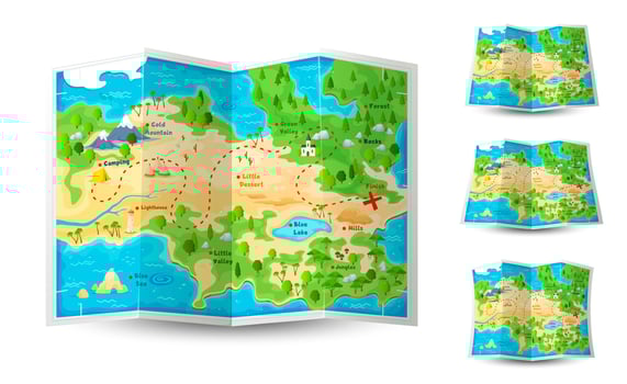 Cartoon game paper map, expedition and adventure vector