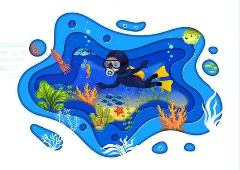 Young diver and underwater sea paper cut landscape vector