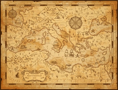 Old vintage map of Mediterranean sea, pirate sail vector