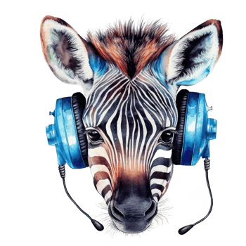 watercolor little zebra big eyes wearing headphones . png