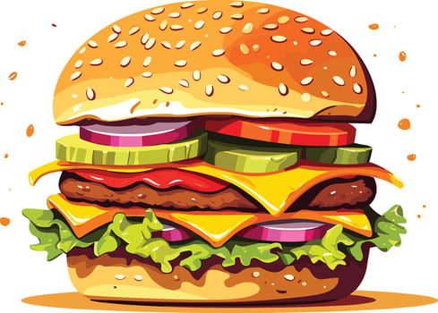 Colorful Fresh Food Bread, Cheese, Fruit, and Vegetables on White Background, burger illustration on isolated white background vector