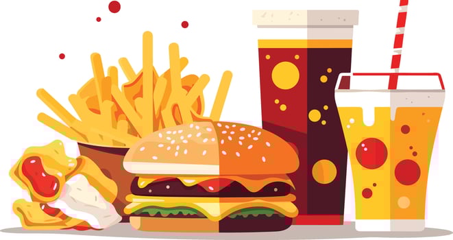 Delicious Fast Food Snack with  burger,  coke and Fresh Vegetables on a White Background illustration,  burger, coke, hot and spicy french fries illustration vector