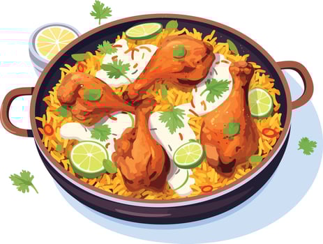 hot and spicy chicken biryani with roasted pieces and lemon illustration on isolated white background vector