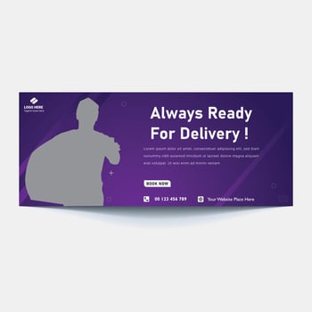 Online Delivery Service Web Banner Template. Courier on Scooter Delivering Parcel Box. vector