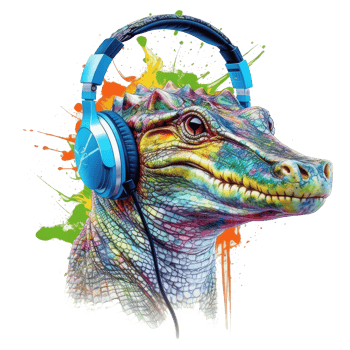 watercolor crocodile wearing headphones . png