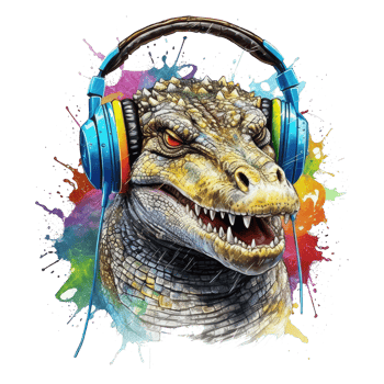 watercolor crocodile wearing headphones . png
