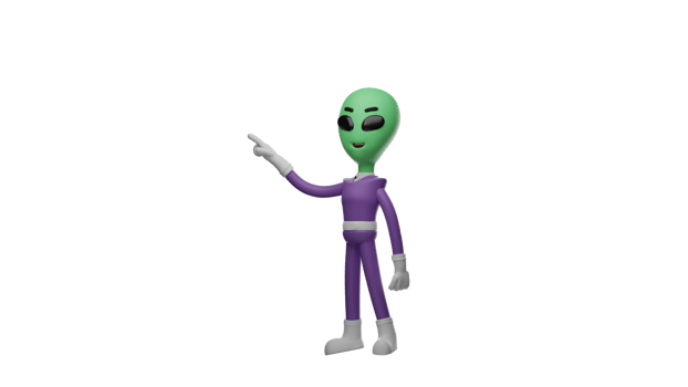 3D illustration. Alien 3D cartoon character. Alien with a pose pointing in a direction. Alien is talking to someone he met. Cute cartoon alien 3D cartoon character png