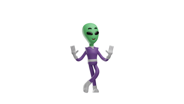 3D illustration. Cool Alien 3D cartoon character. Alien stood, crossing his two cloths. The alien raised both hands. The alien gave his charming smile. Cute 3D alien cartoon character png