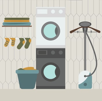 Laundry room. Vector illustration in flat style. Washing machine and basket with clothes.