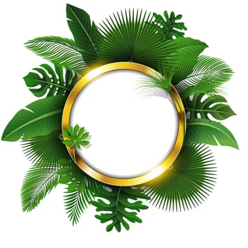 Round Golden Banner with Text Space of Tropical Leaves. Suitable For Nature Concept, Vacation, and Summer Holiday, Vector Illustration