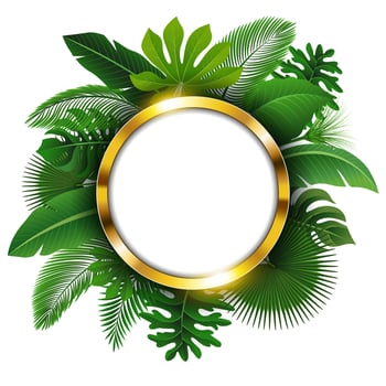 Round Golden Banner with Text Space of Tropical Leaves. Suitable For Nature Concept, Vacation, and Summer Holiday, Vector Illustration