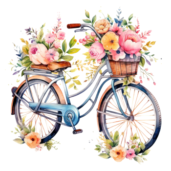 Cute watercolor bicycle with flowers. Illustration png