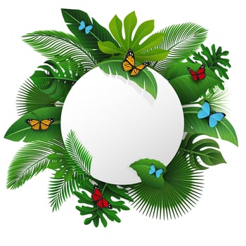 Sign with Text Space of Tropical Leaves and Butterflies. Suitable For Nature Concept, Vacation, and Summer Holiday, Vector Illustration