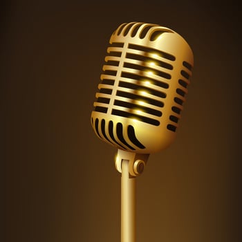 Vintage Golden Studio Microphone Isolated on Dark Background, Vector Illustration