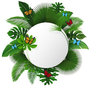 Sign with Text Space of Tropical Leaves and Butterflies. Suitable For Nature Concept, Vacation, and Summer Holiday, Vector Illustration